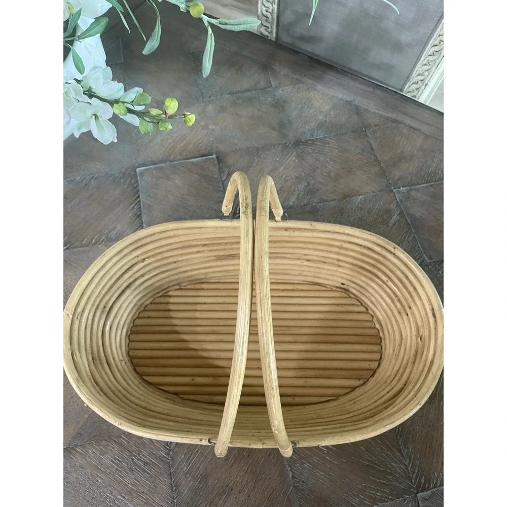 Vtg Pencil Reed Oval‎ Handled Basket Coiled Natural Bamboo Boho 1970s MCM